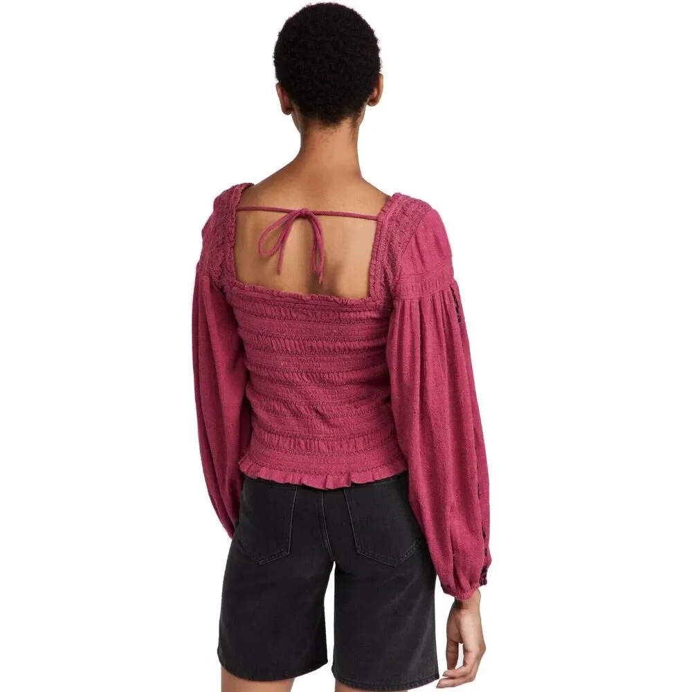 Free People Women Rose Embroidered Maggie Peasant Sleeve Bohemian Top Size M